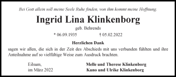 Traueranzeige von Ingrid Lina Klinkenborg 