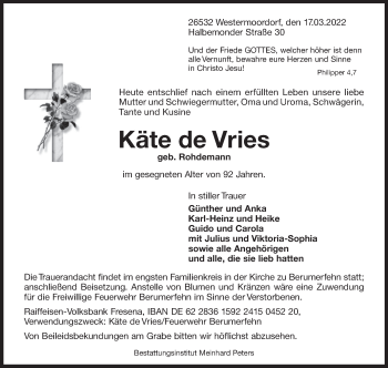 Traueranzeige von Käte de Vries 