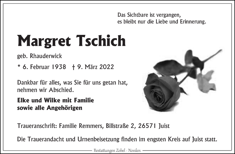  Traueranzeige für Margret Tschich vom 12.03.2022 aus 