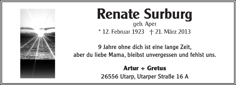  Traueranzeige für Renate Surburg vom 19.03.2022 aus 