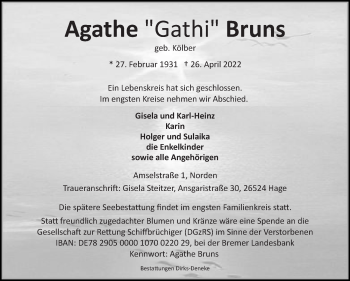 Traueranzeige von Agathe  Bruns 