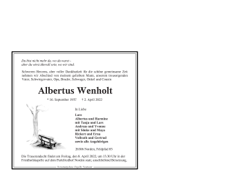 Traueranzeige von Albertus Wenholt 