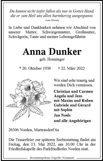 Traueranzeige von Anna Dunker 