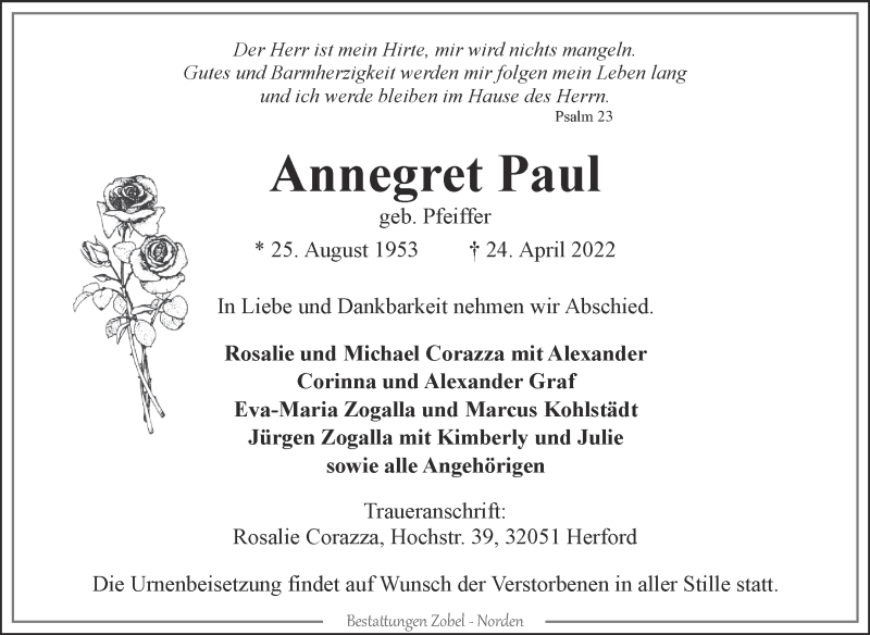  Traueranzeige für Annegret Paul vom 30.04.2022 aus 