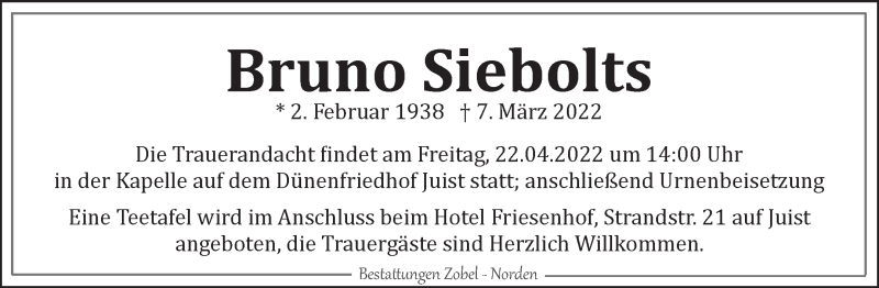  Traueranzeige für Bruno Siebolts vom 21.04.2022 aus 