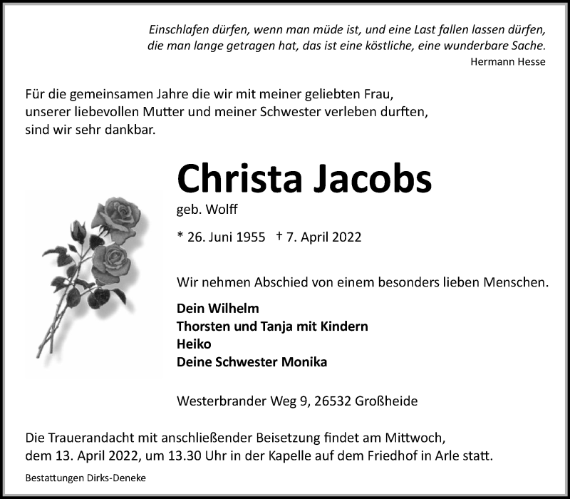  Traueranzeige für Christa Jacobs vom 09.04.2022 aus 