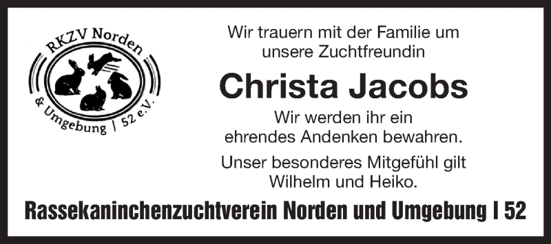  Traueranzeige für Christa Jacobs vom 12.04.2022 aus 