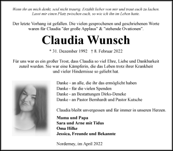 Traueranzeige von Claudia Wunsch 
