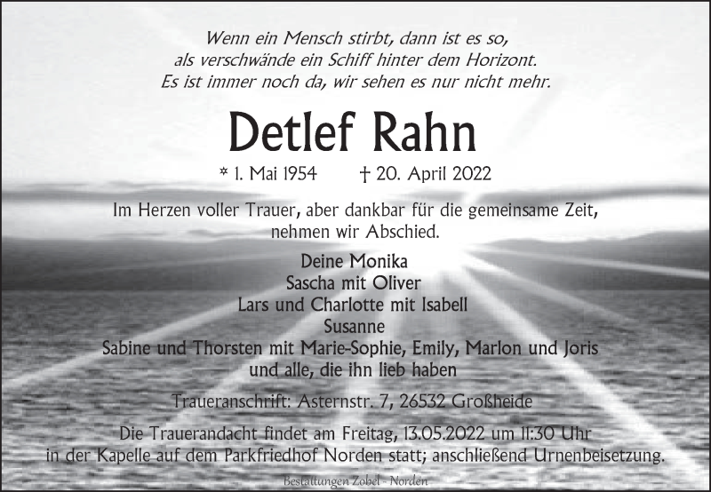  Traueranzeige für Detlef Rahn vom 30.04.2022 aus 