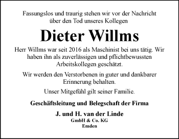 Traueranzeige von Dieter Willms 