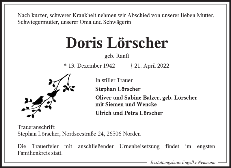  Traueranzeige für Doris Lörscher vom 30.04.2022 aus 