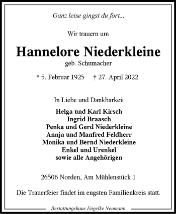 Traueranzeige von Hannelore Niederkleine 