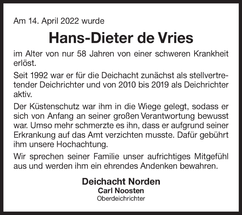  Traueranzeige für Hans-Dieter de Vries vom 20.04.2022 aus 
