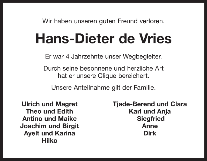  Traueranzeige für Hans-Dieter de Vries vom 20.04.2022 aus 