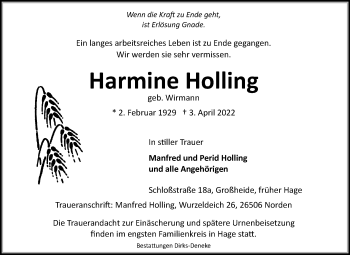 Traueranzeige von Harmine Holling 