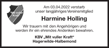 Traueranzeige von Harmine Holling 