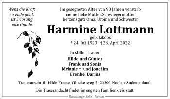 Traueranzeige von Harmine Lottmann 