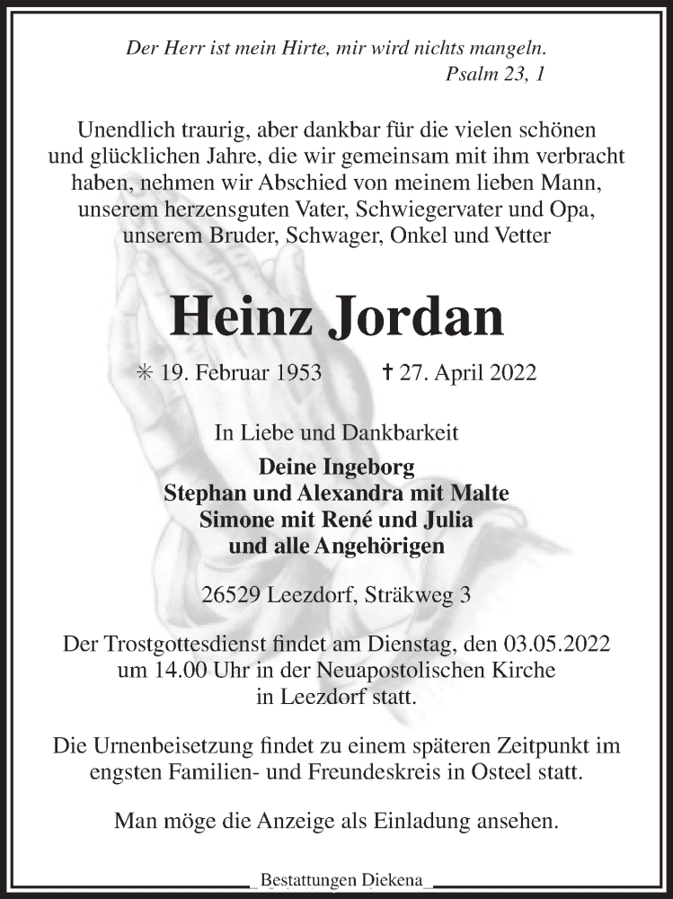  Traueranzeige für Heinz Jordan vom 30.04.2022 aus 