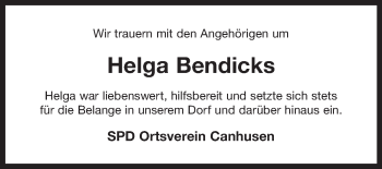 Traueranzeige von Helga Bendicks 