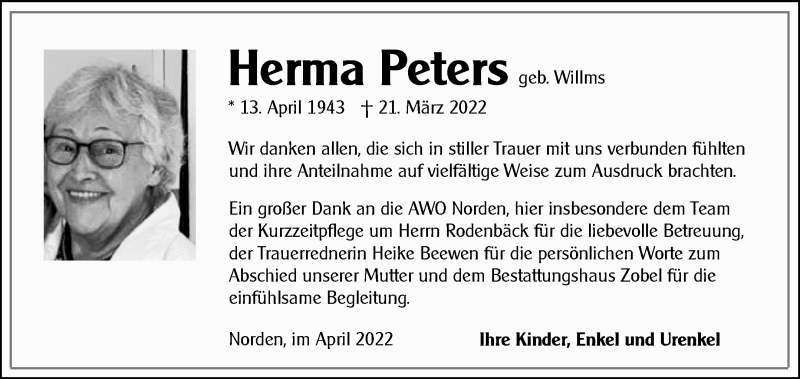  Traueranzeige für Herma Peters vom 23.04.2022 aus 