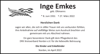 Traueranzeige von Inge Emkes 