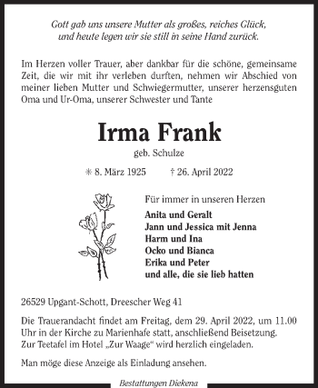 Traueranzeige von Irma Frank 