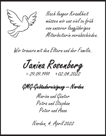 Traueranzeige von Janina Rosenberg 