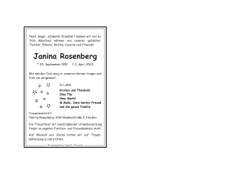 Traueranzeige von Janina Rosenberg 