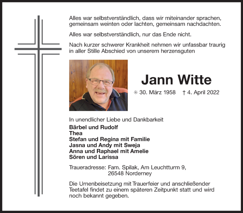  Traueranzeige für Jann Witte vom 09.04.2022 aus 