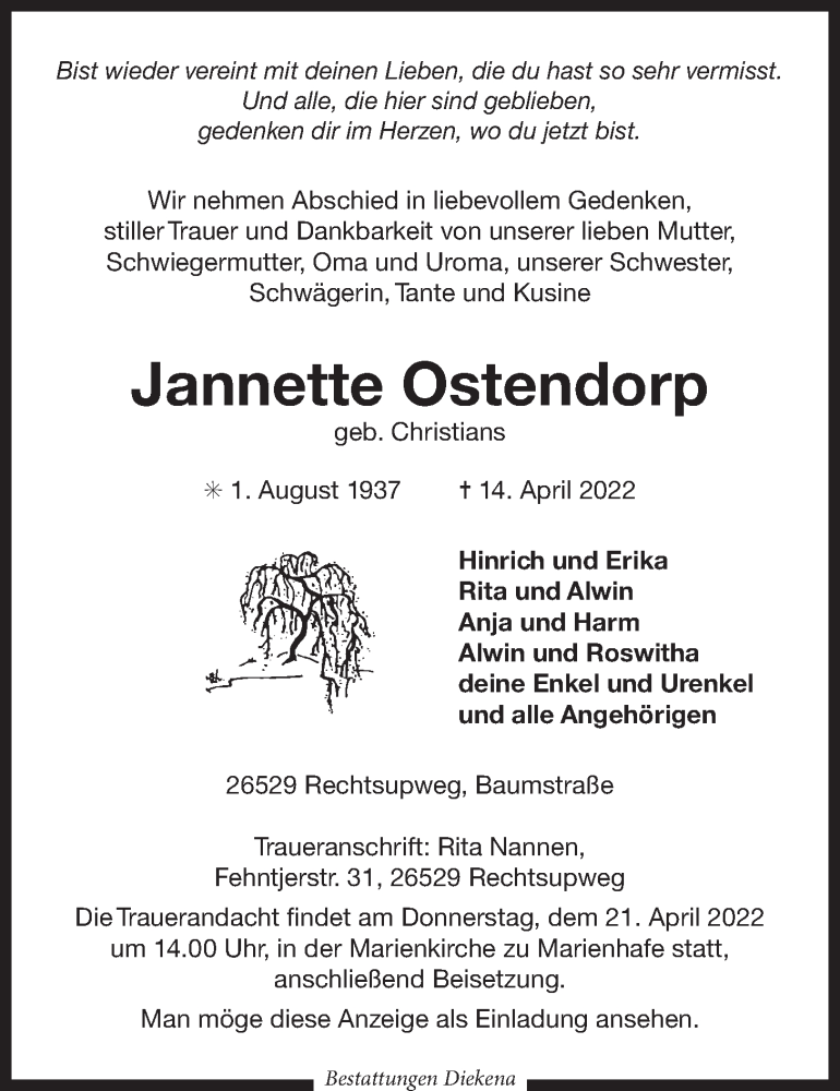  Traueranzeige für Jannette Ostendorp vom 16.04.2022 aus 