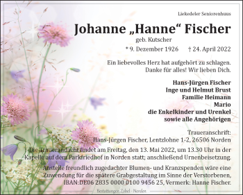 Traueranzeige von Johanne Fischer 