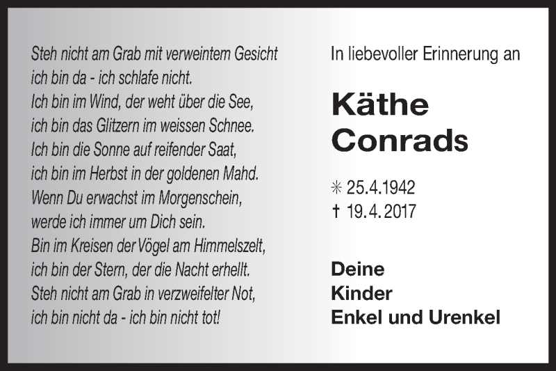  Traueranzeige für Käthe Conrads vom 23.04.2022 aus 