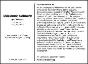 Traueranzeige von Marianne Schmidt 