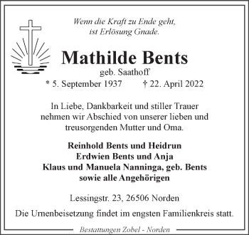 Traueranzeige von Mathilde Bents 