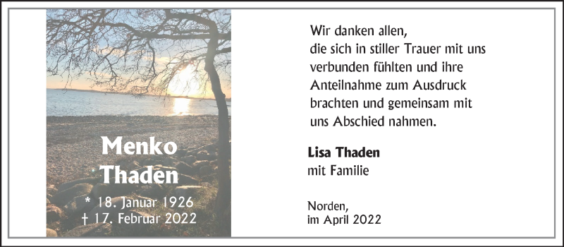  Traueranzeige für Menko Thaden vom 09.04.2022 aus 