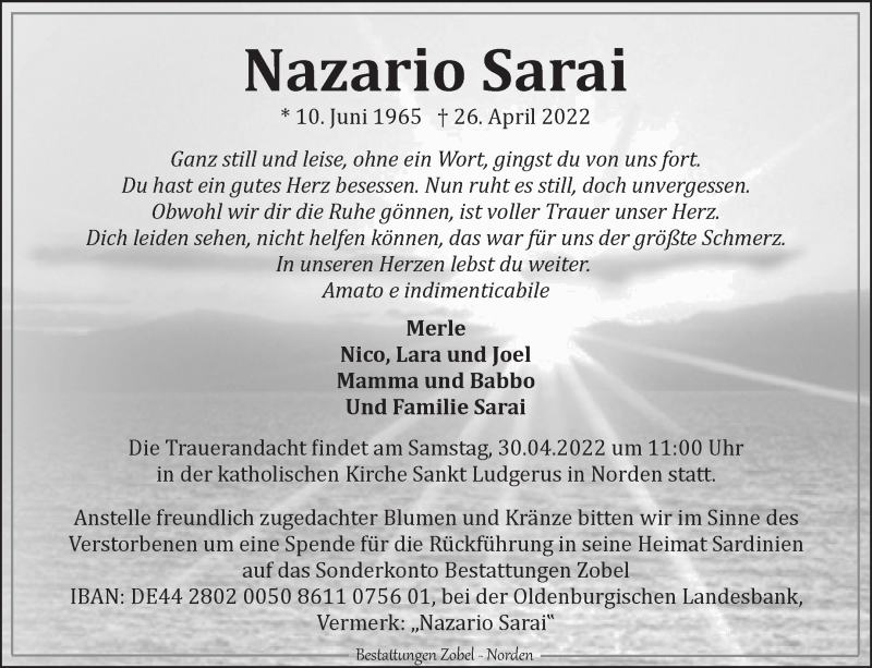  Traueranzeige für Nazario Sarai vom 29.04.2022 aus 