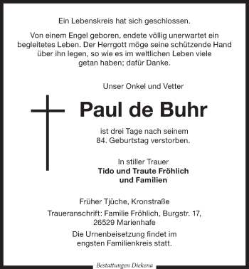 Traueranzeige von Paul de Buhr 