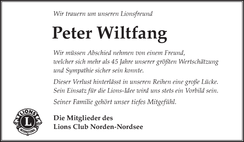  Traueranzeige für Peter Wiltfang vom 23.04.2022 aus 