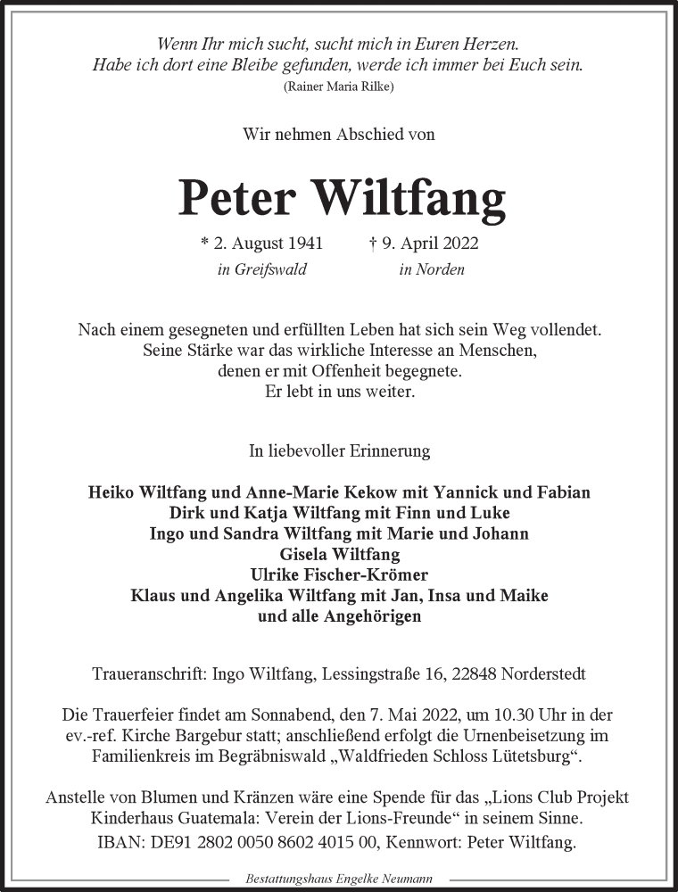  Traueranzeige für Peter Wiltfang vom 23.04.2022 aus 