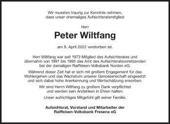 Traueranzeige von Peter Wiltfang 