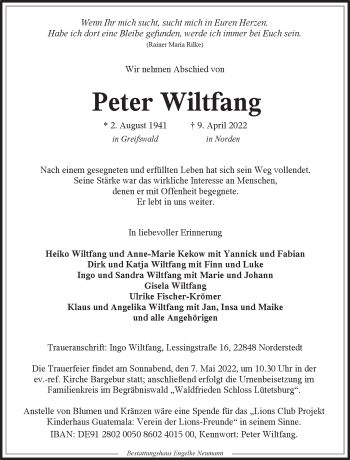 Traueranzeige von Peter Wiltfang 