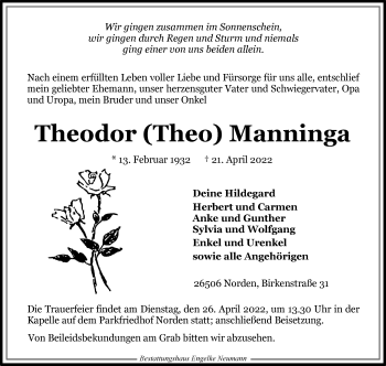 Traueranzeige von Theodor Manninga 