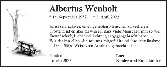 Traueranzeige von Albertus Wenholt 