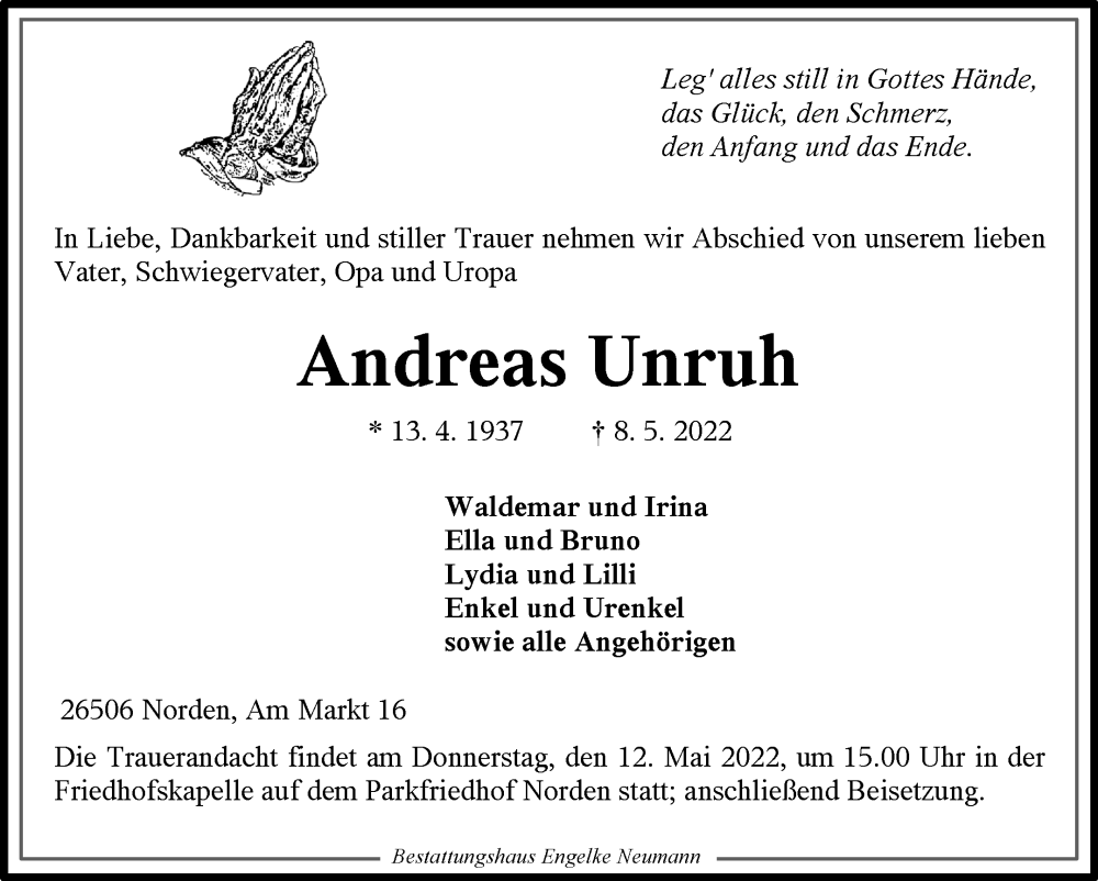  Traueranzeige für Andreas Unruh vom 10.05.2022 aus 
