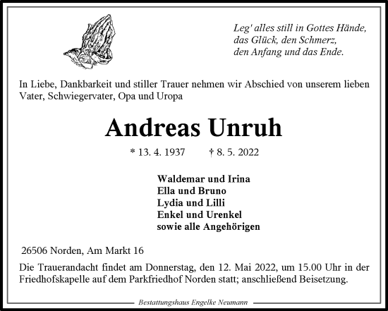 Traueranzeige von Andreas Unruh 