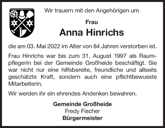 Traueranzeige von Anna Hinrichs 