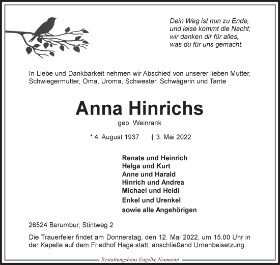 Traueranzeige von Anna Hinrichs 