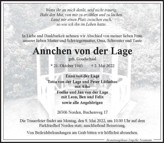 Traueranzeige von Annchen von der Lage 