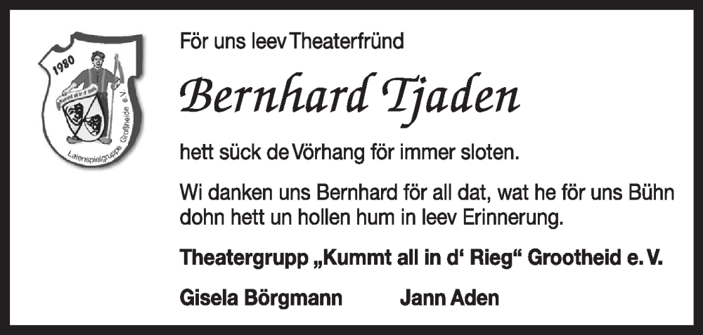  Traueranzeige für Bernhard Tjaden vom 17.05.2022 aus 