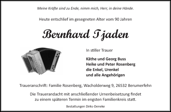 Traueranzeige von Bernhard Tjaden 